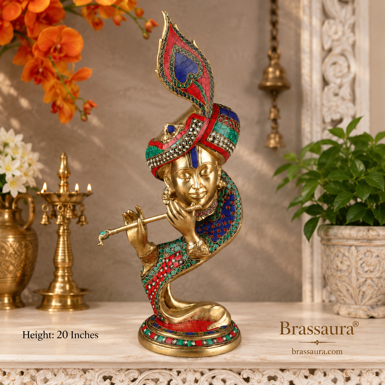 Brassaura® Lord Krishna Playing Flute Sculpture | Pure Superfine Brass Handcrafted Murti with Gem Stone Work | Luxury Brass Idol for Home Temple, Living Room, Spiritual Décor & Gifting | Height 20 Inches | Weight 9 Kg