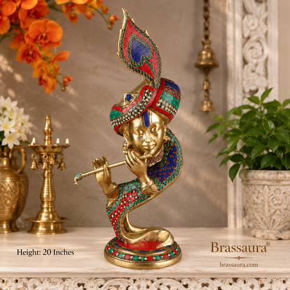 Brassaura® Lord Krishna Playing Flute Sculpture | Pure Superfine Brass Handcrafted Murti with Gem Stone Work | Luxury Brass Idol for Home Temple, Living Room, Spiritual Décor & Gifting | Height 20 Inches | Weight 9 Kg