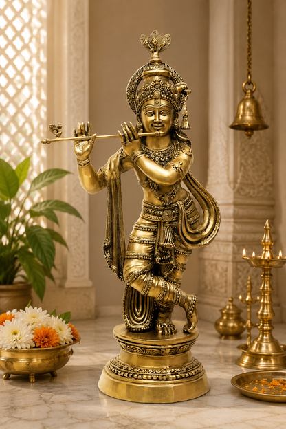 Brassaura® Lord Krishna Playing Flute Statue | Pure Superfine Brass Handcrafted Murti | Premium Brass Idol for Home Temple, Living Room, Office, Spiritual Décor & Luxury Gifting | Height 36 Inches | Weight 22 Kg