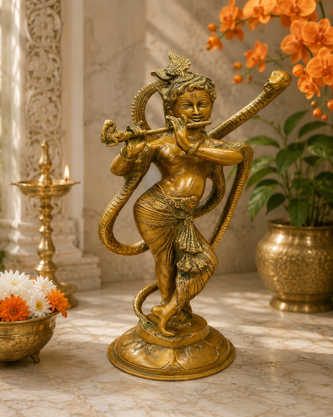 Brassaura® Lord Krishna Playing Flute Statue | Premium Brass Handcrafted Murti with Copper Patina Finish | Brass Idol for Home Temple, Living Room, Spiritual Décor & Luxury Gifting | Weight 5.1 Kg