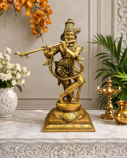Brassaura® Brass Krishna Playing Flute Idol | Premium Handcrafted Brass Murti for Home Temple, Pooja Room, Living Room, Spiritual Décor & Luxury Gifting | Height 28 Inches | Weight 17 Kg