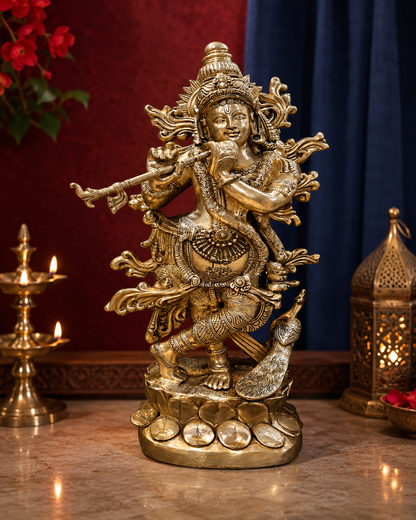Brassaura® Brass Krishna Playing Flute Idol with Peacock | Premium Handcrafted Brass Murti for Home Temple, Living Room, Spiritual Décor & Luxury Gifting | Weight 74 Kg