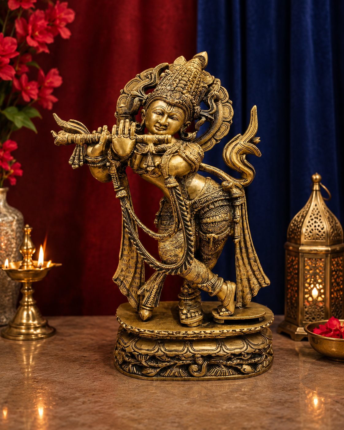 Brassaura® Brass Classic Krishna Playing Flute Idol | Premium Handcrafted Brass Murti for Home Temple, Pooja Room, Living Room, Spiritual Décor & Luxury Gifting | Height 23 Inches | Weight 11.3 Kg