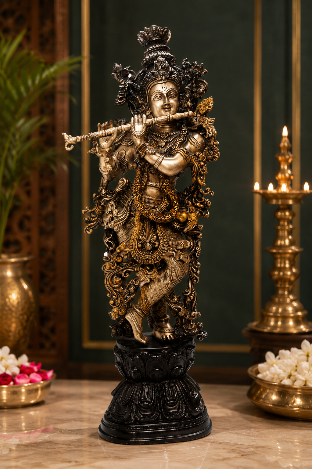 Brassaura® Lord Krishna Playing Flute Idol with Golden & Black Patina Finish | Pure Superfine Brass Handcrafted Murti | Brass Statue for Home Temple, Pooja Room, Spiritual Décor & Luxury Gifting | Height 29 Inches | Weight 16 Kg