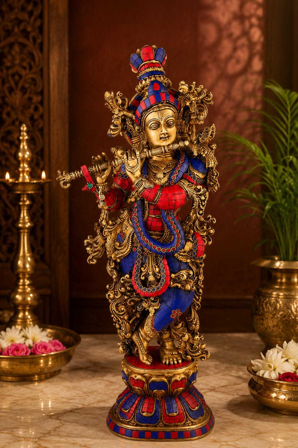 Brassaura® Lord Krishna Playing Flute Idol with Multi-Color Stone Work Finish | Pure Superfine Brass Handcrafted Murti | Brass Statue for Home Temple, Pooja Room, Spiritual Décor & Luxury Gifting | Height 29 Inches | Weight 16 Kg