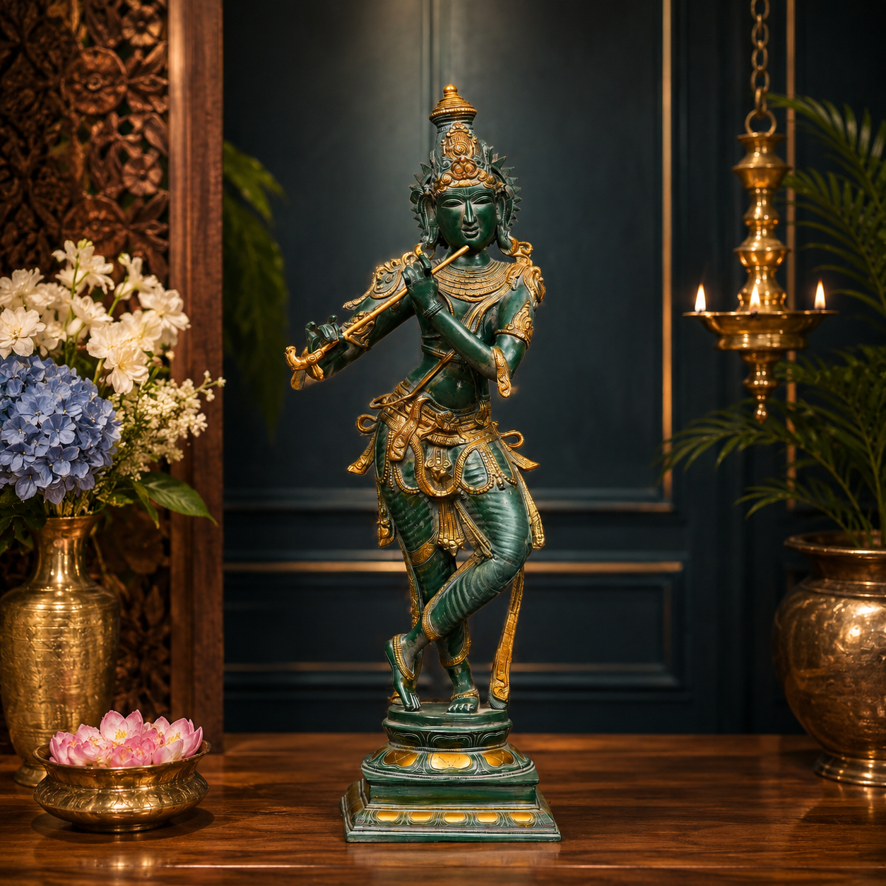 Brassaura® Lord Krishna Playing Flute Idol with Green Algae Finish | Pure Superfine Brass Handcrafted Murti | Brass Statue for Home Temple, Pooja Room, Spiritual Décor & Luxury Gifting | Height 34 Inches | Weight 21 Kg
