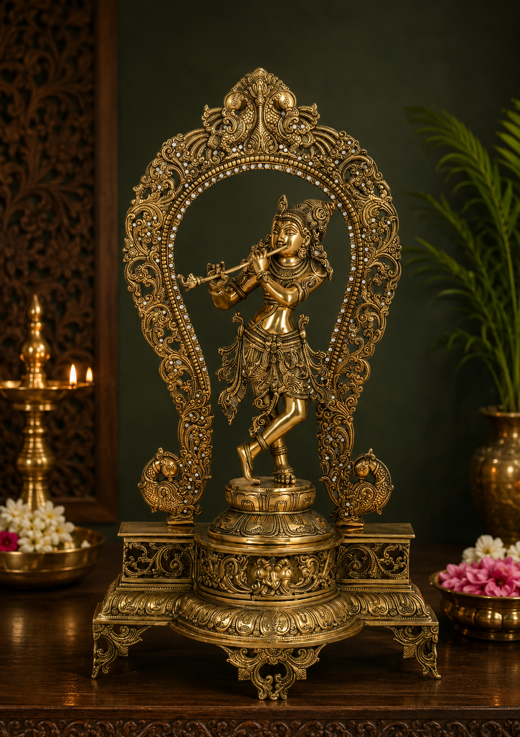 Brassaura® Lord Krishna Playing Flute Idol with Antique Finish | Pure Superfine Brass Handcrafted Murti | Brass Statue for Home Temple, Pooja Room, Spiritual Décor & Luxury Gifting | Height 31 Inches | Weight 19.6 Kg