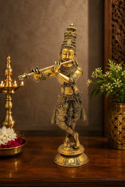 Brassaura® Lord Krishna Playing Flute Idol with Antique Finish | Pure Superfine Brass Handcrafted Murti | Brass Statue for Home Temple, Pooja Room, Spiritual Décor & Luxury Gifting | Height 22 Inches | Weight 9.5 Kg