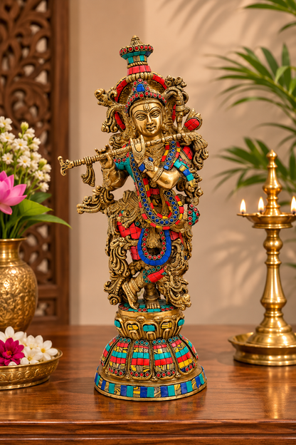 Brassaura® Lord Krishna Playing Flute Idol with Multi-Color Stone Work Finish | Pure Superfine Brass Handcrafted Murti | Brass Statue for Home Temple, Pooja Room, Spiritual Décor & Luxury Gifting | Height 20 Inches | Weight 9 Kg