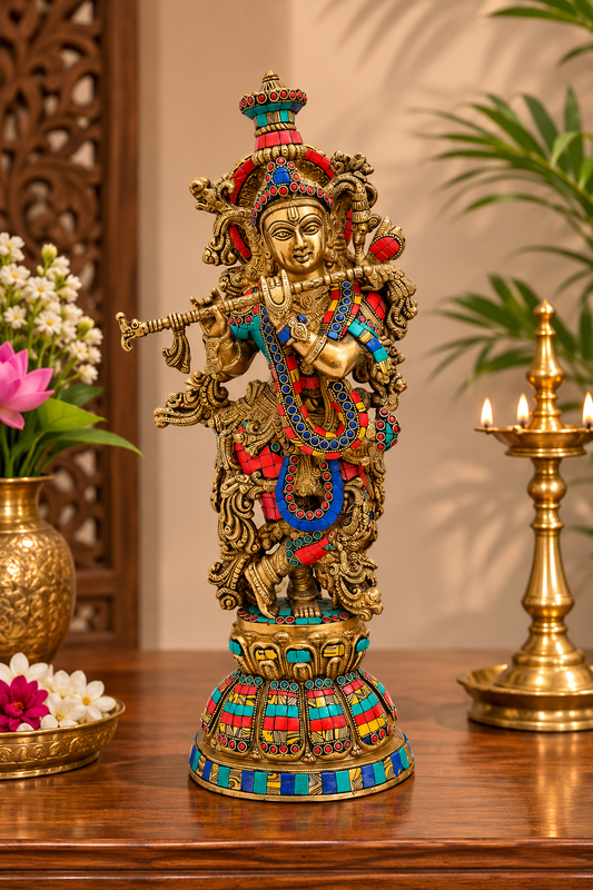 Brassaura® Lord Krishna Playing Flute Idol with Multi-Color Stone Work Finish | Pure Superfine Brass Handcrafted Murti | Brass Statue for Home Temple, Pooja Room, Spiritual Décor & Luxury Gifting | Height 20 Inches | Weight 9 Kg