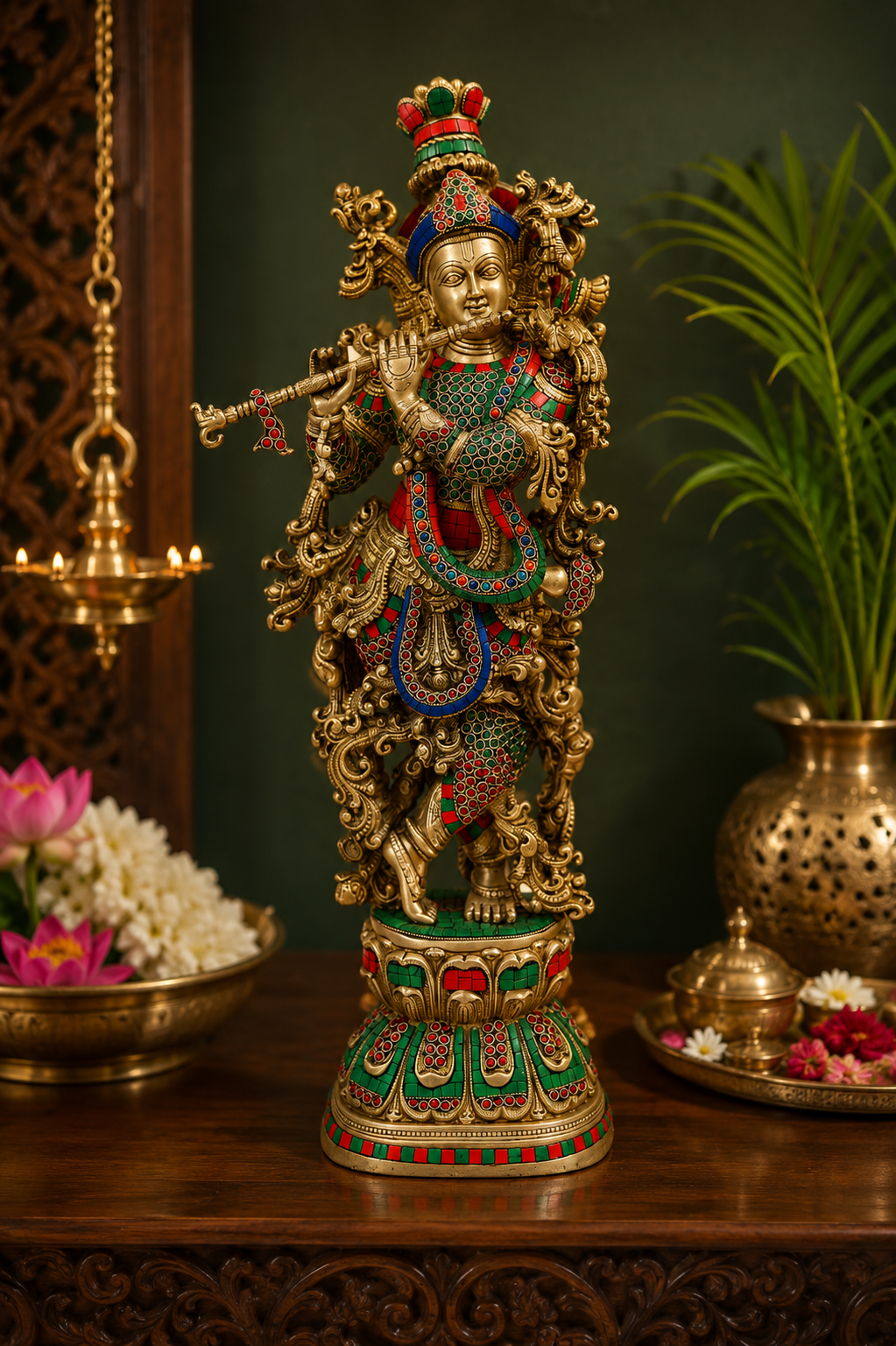 Brassaura® Lord Krishna Playing Flute Idol with Multi-Color Stone Work Finish | Pure Superfine Brass Handcrafted Murti | Brass Statue for Home Temple, Pooja Room, Spiritual Décor & Luxury Gifting | Height 30 Inches | Weight 16.5 Kg