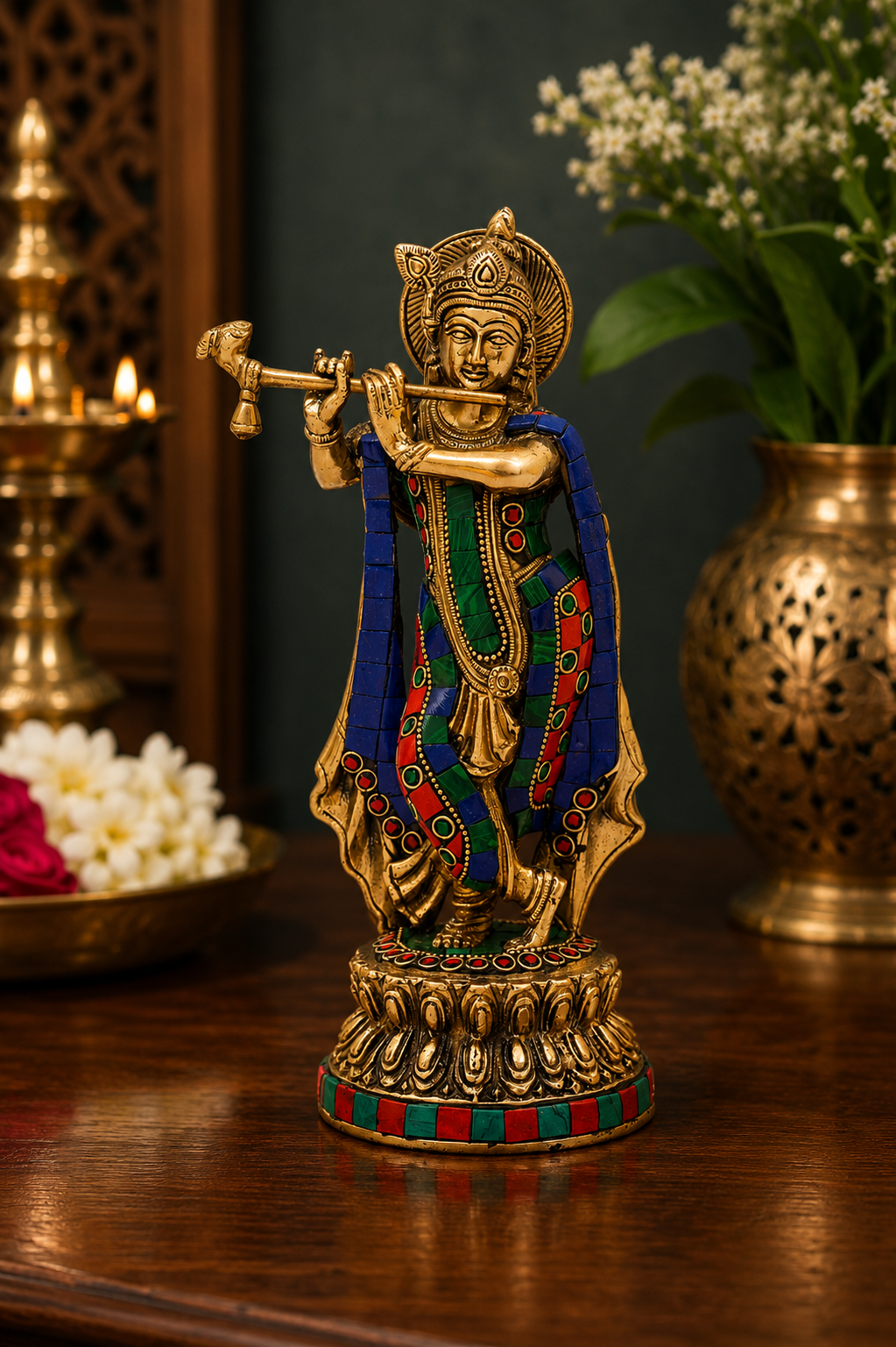 Brassaura® Lord Krishna Playing Flute Idol with Gemstone Work | Pure Superfine Brass Handcrafted Murti | Stonework Brass Statue for Home Temple, Spiritual Décor & Luxury Gifting | Height 10 Inches | Weight 1.8 Kg