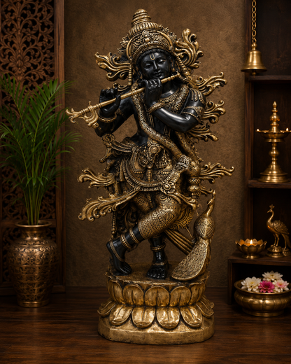 Brassaura® Brass Classic Krishna Playing Flute Idol with Peacock | Premium Handcrafted Brass Murti for Home Temple, Pooja Room, Living Room, Spiritual Décor & Luxury Gifting | Height 48 Inches | Weight 75.4 Kg