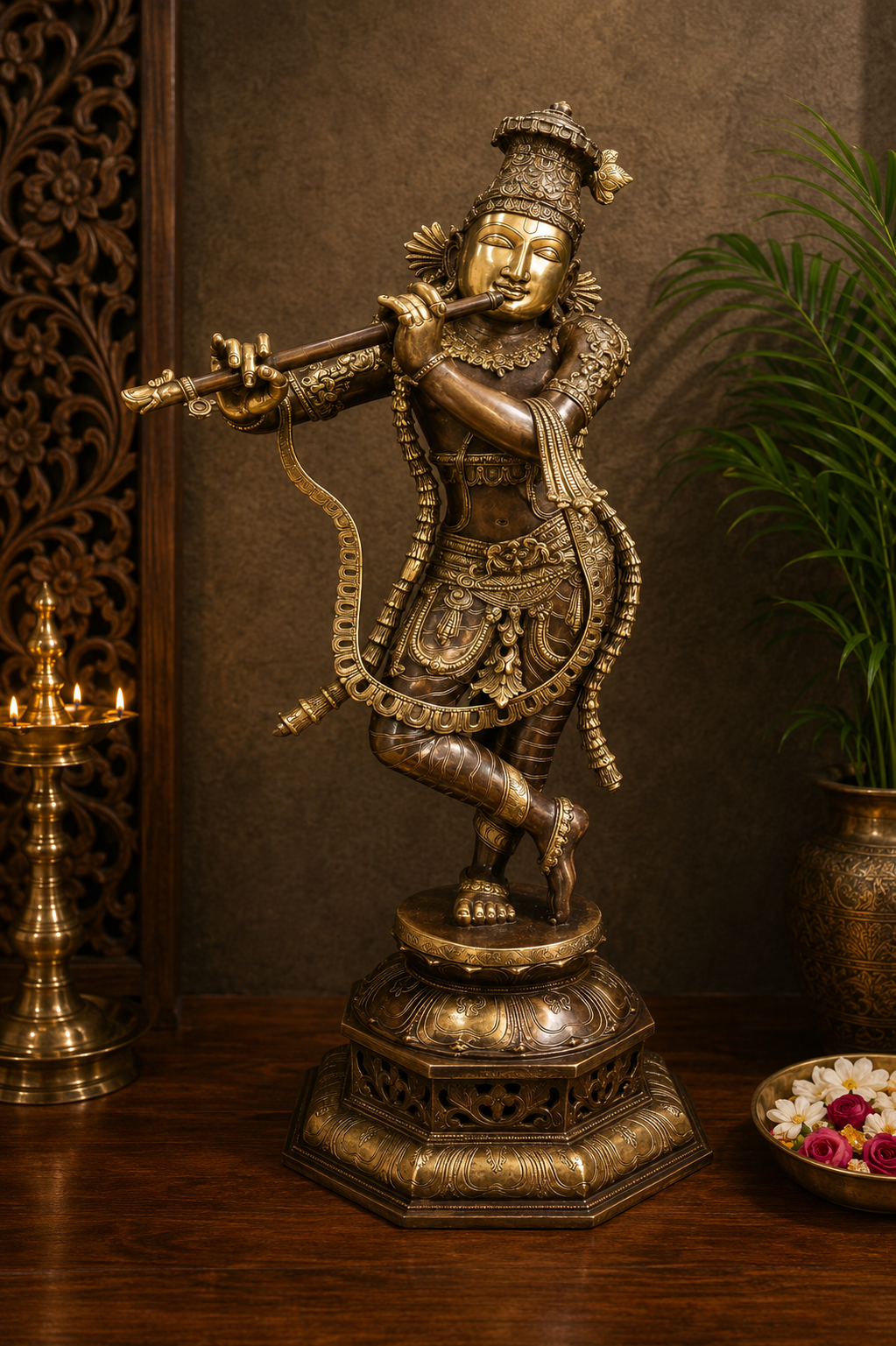 Brassaura® Brass Krishna Playing Flute Idol | Premium Handcrafted Brass Murti for Home Temple, Pooja Room, Living Room, Spiritual Décor & Luxury Gifting | Height 45 Inches | Weight 41.5 Kg