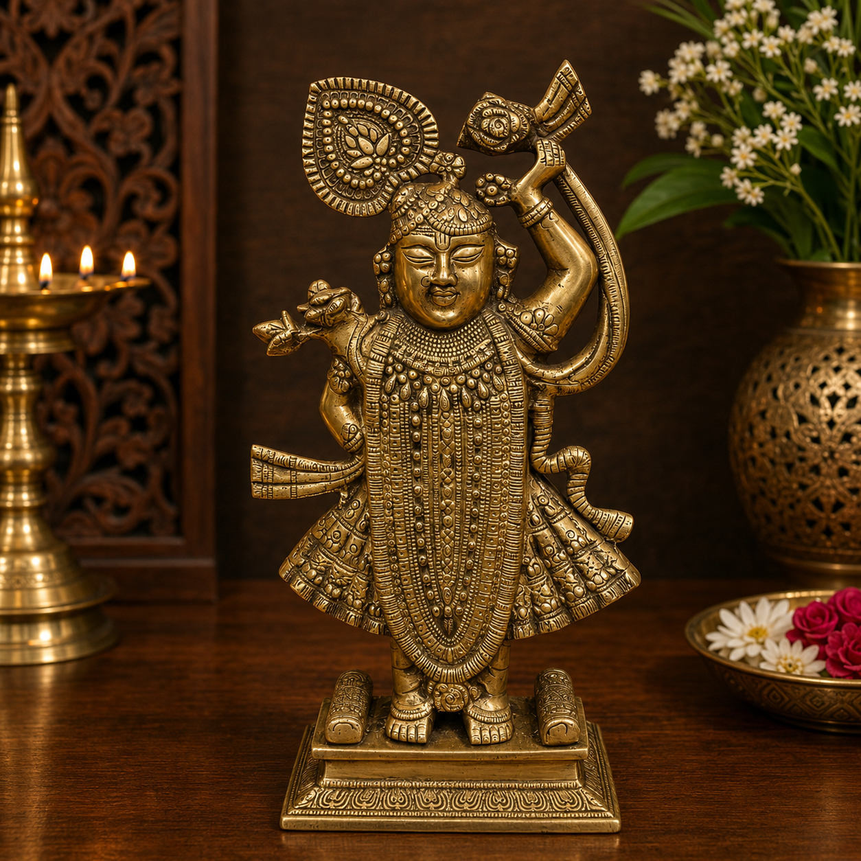 Brassaura® Brass Classic Standing Krishna Idol | Premium Handcrafted Brass Murti for Home Temple, Pooja Room, Living Room, Spiritual Décor & Luxury Gifting | Height 17 Inches | Weight 8 Kg