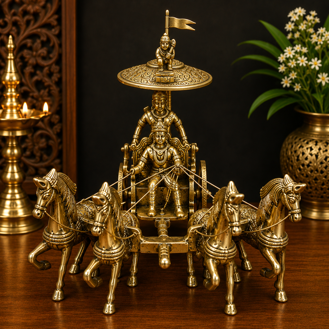 Brassaura® Brass Krishna Driving Chariot Idol | Premium Handcrafted Mahabharata Krishna Rath Murti for Home Temple, Pooja Room, Spiritual Décor & Luxury Gifting | Height 9 Inches | Weight 1.8 Kg