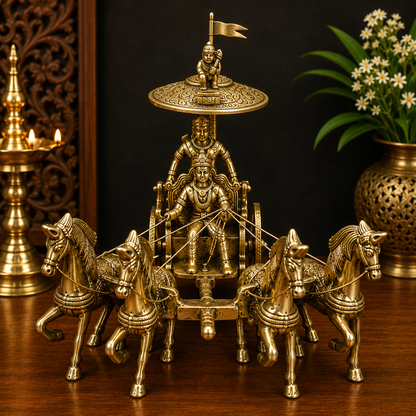 Brassaura® Brass Krishna Driving Chariot Idol | Premium Handcrafted Mahabharata Krishna Rath Murti for Home Temple, Pooja Room, Spiritual Décor & Luxury Gifting | Height 9 Inches | Weight 1.8 Kg