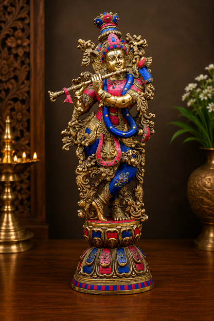 Brassaura® Brass Gem Stone Work Standing Krishna Playing Flute Idol | Premium Handcrafted Brass Murti for Home Temple, Pooja Room, Spiritual Décor & Luxury Gifting | Height 29 Inches | Weight 16 Kg