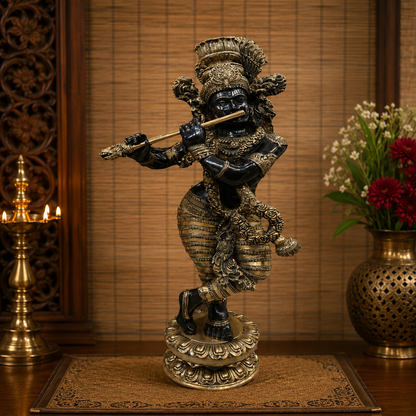 Brassaura® Brass Standing Krishna Playing Flute Idol | Premium Handcrafted Brass Murti for Home Temple, Pooja Room, Spiritual Décor & Luxury Gifting | Weight 51 Kg