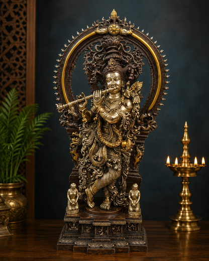 Brassaura® Brass Standing Krishna Playing Flute with Prabhavali Arch Idol | Premium Handcrafted Brass Murti for Home Temple, Pooja Room, Spiritual Décor & Luxury Gifting | Height 32 Inches | Weight 36 Kg