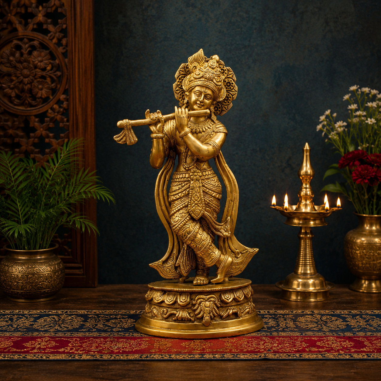 Brassaura® Brass Standing Krishna Playing Flute Idol | Premium Handcrafted Brass Murti for Home Temple, Pooja Room, Spiritual Décor & Luxury Gifting | Height 13 Inches | Weight 2.8 Kg