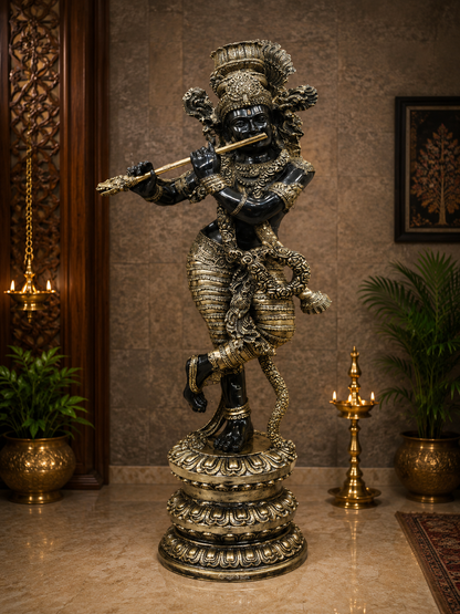 Brassaura® Brass Standing Krishna Playing Flute Idol | Premium Handcrafted Brass Murti for Home Temple, Pooja Room, Spiritual Décor & Luxury Gifting | Weight 43 Kg| Height: 45 Inches