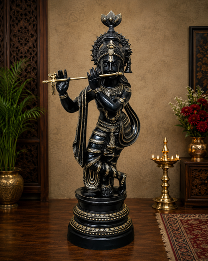 Brassaura® Lord Krishna Playing Flute Brass Statue | Black & Gold Finish | Brass Murti for Home Temple, Pooja Room, Spiritual Décor & Luxury Gifting | Height 36 Inches | Weight 27 Kg
