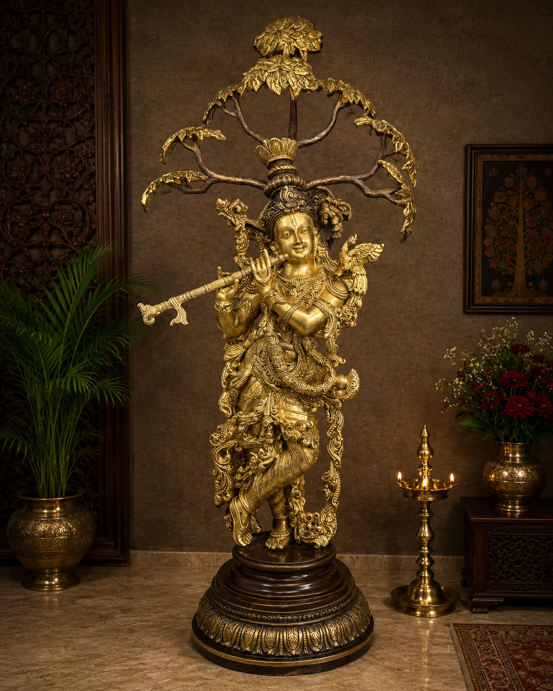 Brassaura® Lord Krishna Playing Flute Under Kadamba Tree Statue | Pure Brass Handcrafted Sculpture | Dual Tone Antique & Golden Finish | Brass Murti for Home Temple, Living Room & Spiritual Décor | Height 35 Inches | Weight 29 Kg
