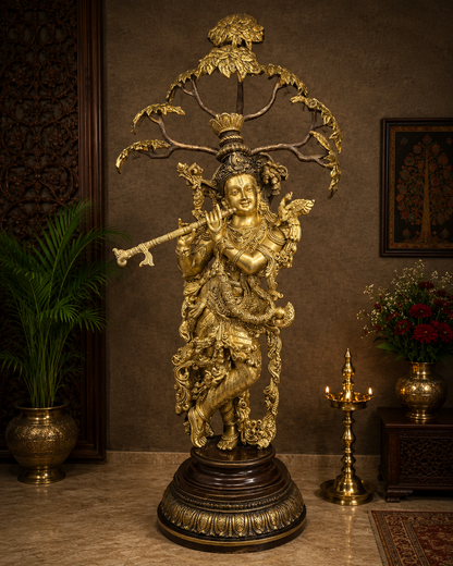Brassaura® Lord Krishna Playing Flute Under Kadamba Tree Statue | Pure Brass Handcrafted Sculpture | Dual Tone Antique & Golden Finish | Brass Murti for Home Temple, Living Room & Spiritual Décor | Height 35 Inches | Weight 29 Kg