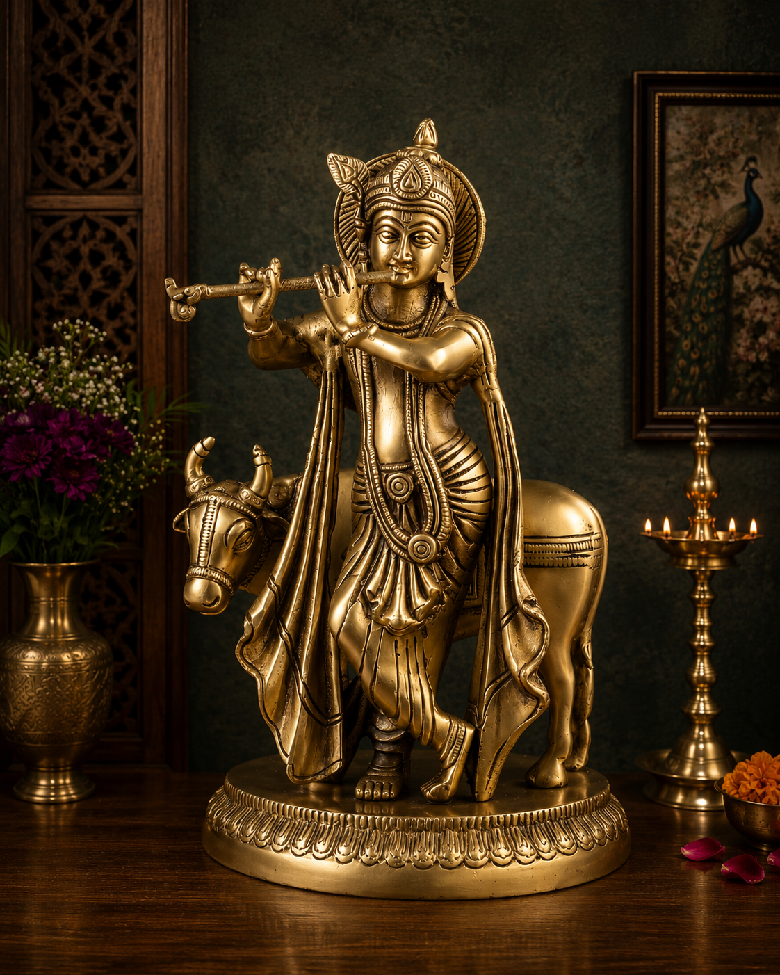 Brassaura® Lord Krishna with Cow Brass Idol | Pure Brass Golden Finish | Brass Murti for Home Temple, Pooja Room, Spiritual Décor & Luxury Gifting | Height 8.5 Inches | Weight 2.87 Kg