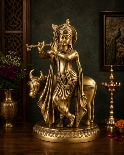 Brassaura® Lord Krishna with Cow Brass Idol | Pure Brass Golden Finish | Brass Murti for Home Temple, Pooja Room, Spiritual Décor & Luxury Gifting | Height 8.5 Inches | Weight 2.87 Kg