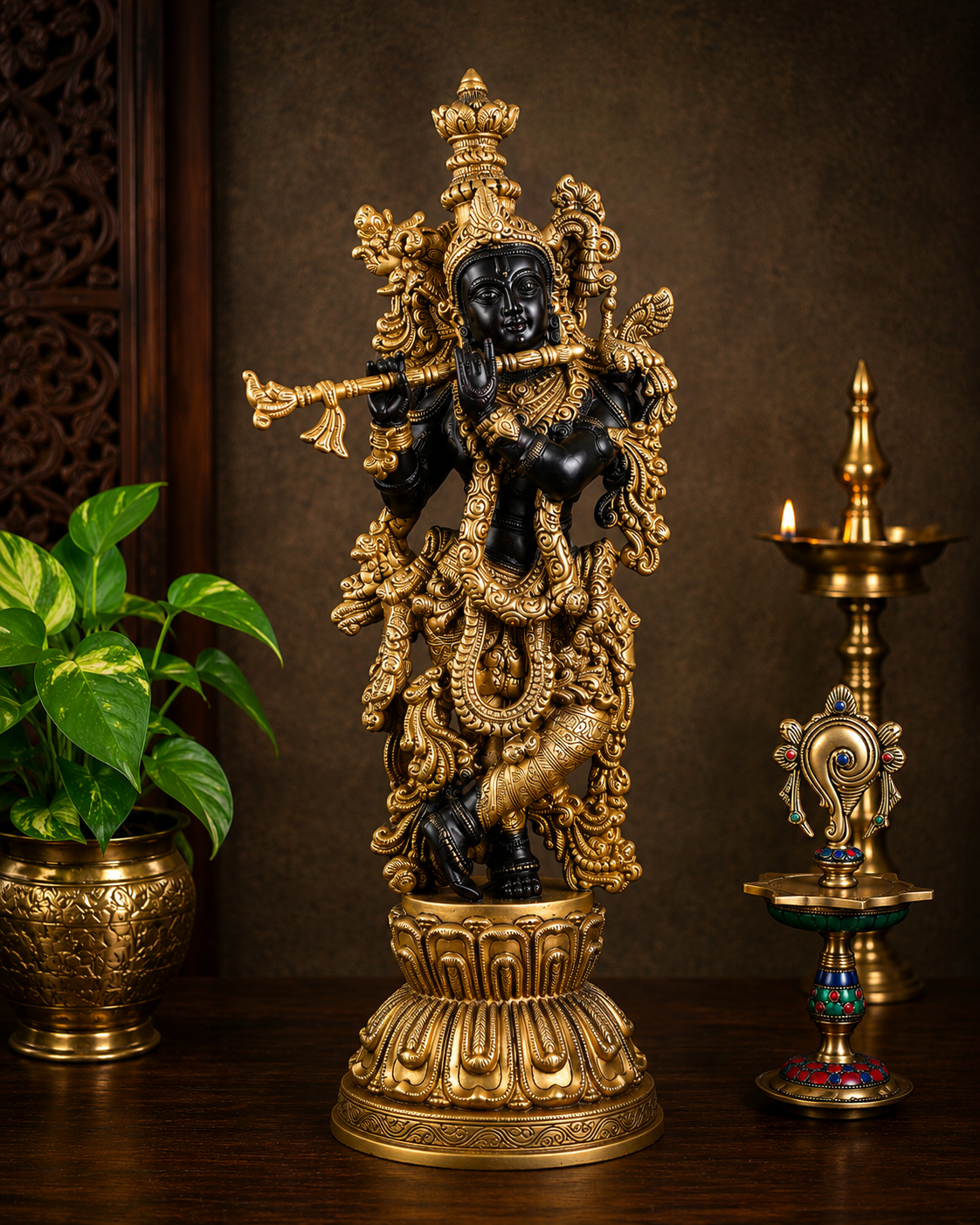 ब्रैसौरा™ शुद्ध पीतल कृष्ण प्रतिमा | काली और सुनहरी फ़िनिश हस्तनिर्मित मूर्ति | ऊँचाई 21 इंच और वज़न 10 किग्रा