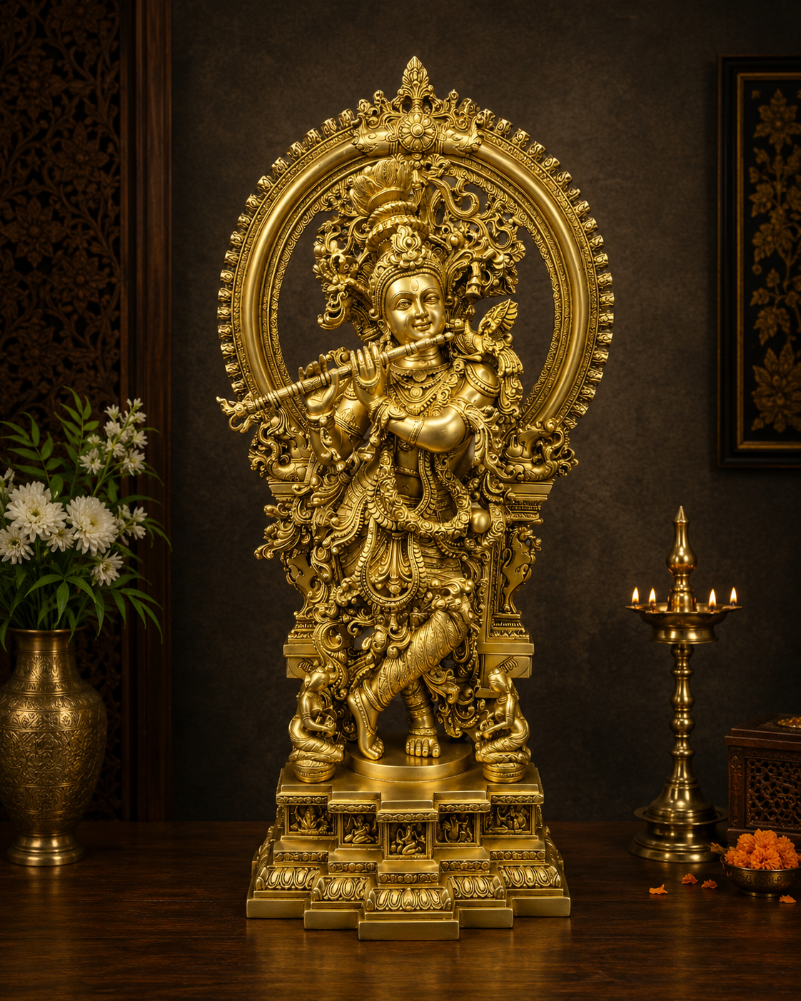 Brassaura® Superfine Brass Lord Krishna Statue with Large Embossed Prabhavali Frame | Pure Brass Handcrafted Krishna Murti with Intricate Engraved Base & Apsara Detailing | Home Temple, Living Room & Luxury Décor | Height 32 Inches | Weight 35 Kg