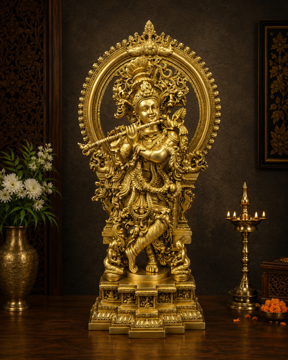 Brassaura® Superfine Brass Lord Krishna Statue with Large Embossed Prabhavali Frame | Pure Brass Handcrafted Krishna Murti with Intricate Engraved Base & Apsara Detailing | Home Temple, Living Room & Luxury Décor | Height 32 Inches | Weight 35 Kg