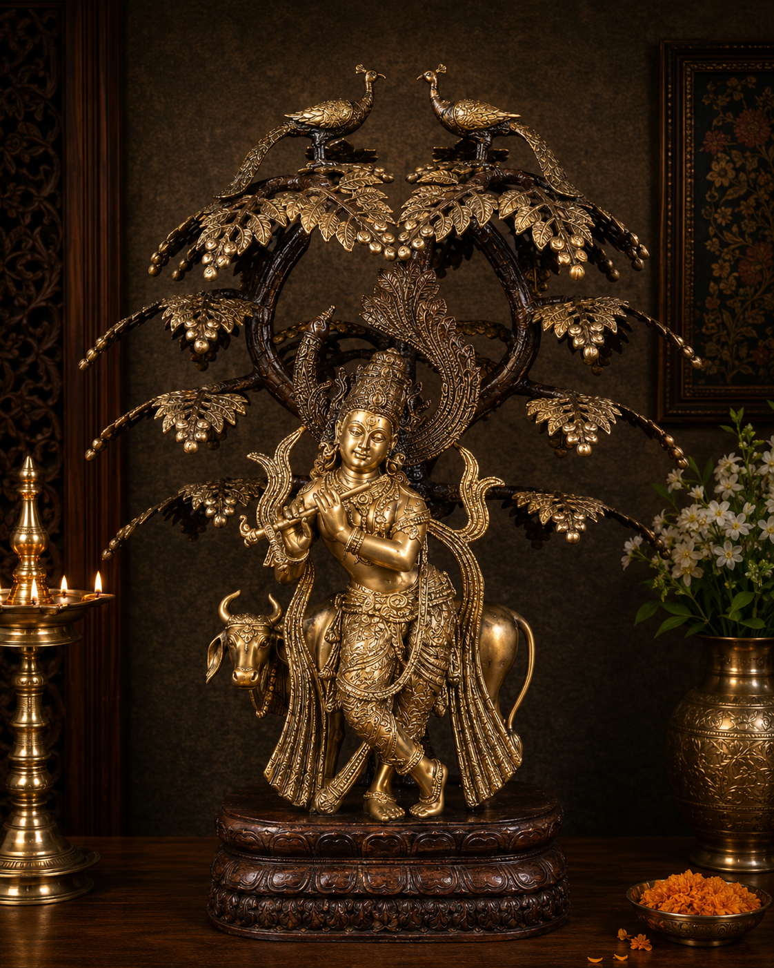 Brassaura® Lord Krishna Under Kalpavriksha Brass Idol | Pure Brass with Vintage Antique Finish | Handcrafted Krishna with Cow & Sacred Wish-Fulfilling Tree | Home Temple, Luxury Décor & Spiritual Gifting | Height 33 Inches | Weight 43.2 Kg