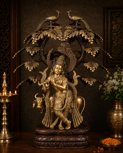 Brassaura® Lord Krishna Under Kalpavriksha Brass Idol | Pure Brass with Vintage Antique Finish | Handcrafted Krishna with Cow & Sacred Wish-Fulfilling Tree | Home Temple, Luxury Décor & Spiritual Gifting | Height 33 Inches | Weight 43.2 Kg