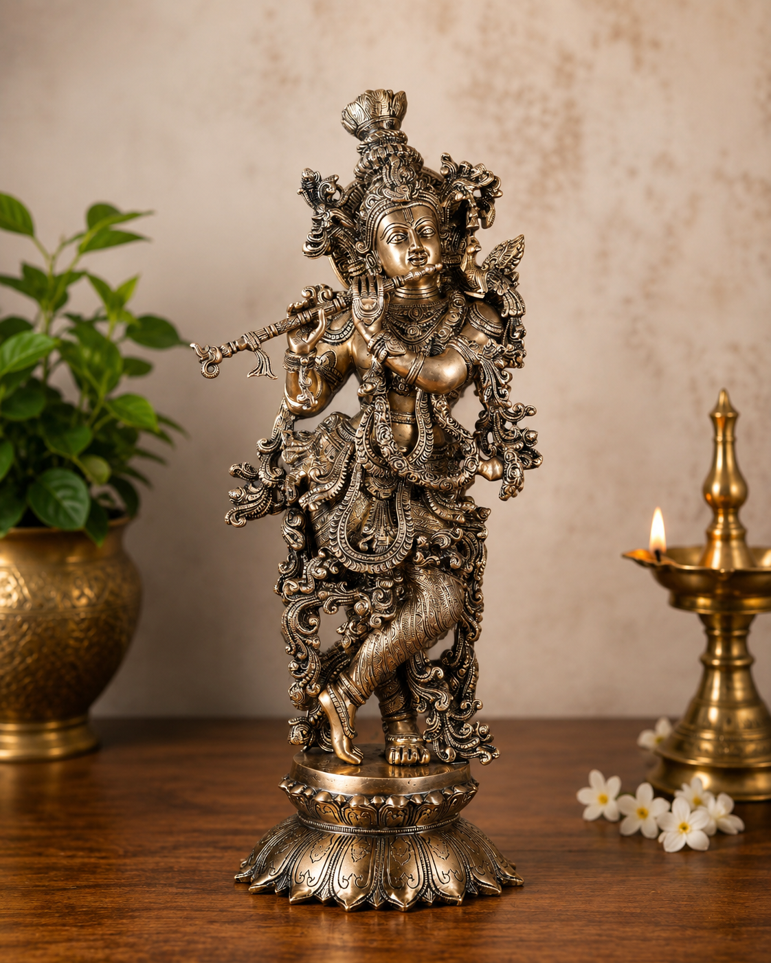 Brassaura® Lord Krishna Brass Idol on Lotus Base | Pure Brass with Matte Finish | Handcrafted Krishna Murti for Home Temple, Pooja Room, Living Room Décor & Spiritual Gifting | Height 27 Inches | Weight 20 Kg