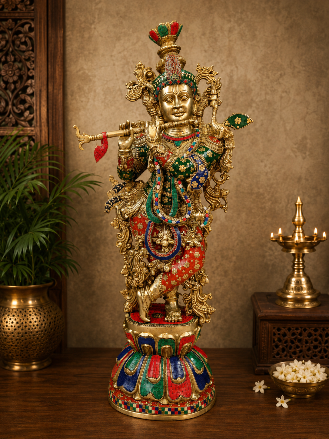 Brassaura® Multi-Color Krishna Playing Flute Idol with Multi-Color Finish | Pure Superfine Brass Handcrafted Murti | Brass Statue for Home Temple, Pooja Room, Spiritual Décor & Luxury Gifting | Height 47 Inches | Weight 57 Kg