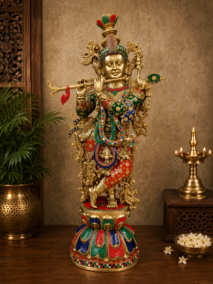 Brassaura® Multi-Color Krishna Playing Flute Idol with Multi-Color Finish | Pure Superfine Brass Handcrafted Murti | Brass Statue for Home Temple, Pooja Room, Spiritual Décor & Luxury Gifting | Height 47 Inches | Weight 57 Kg