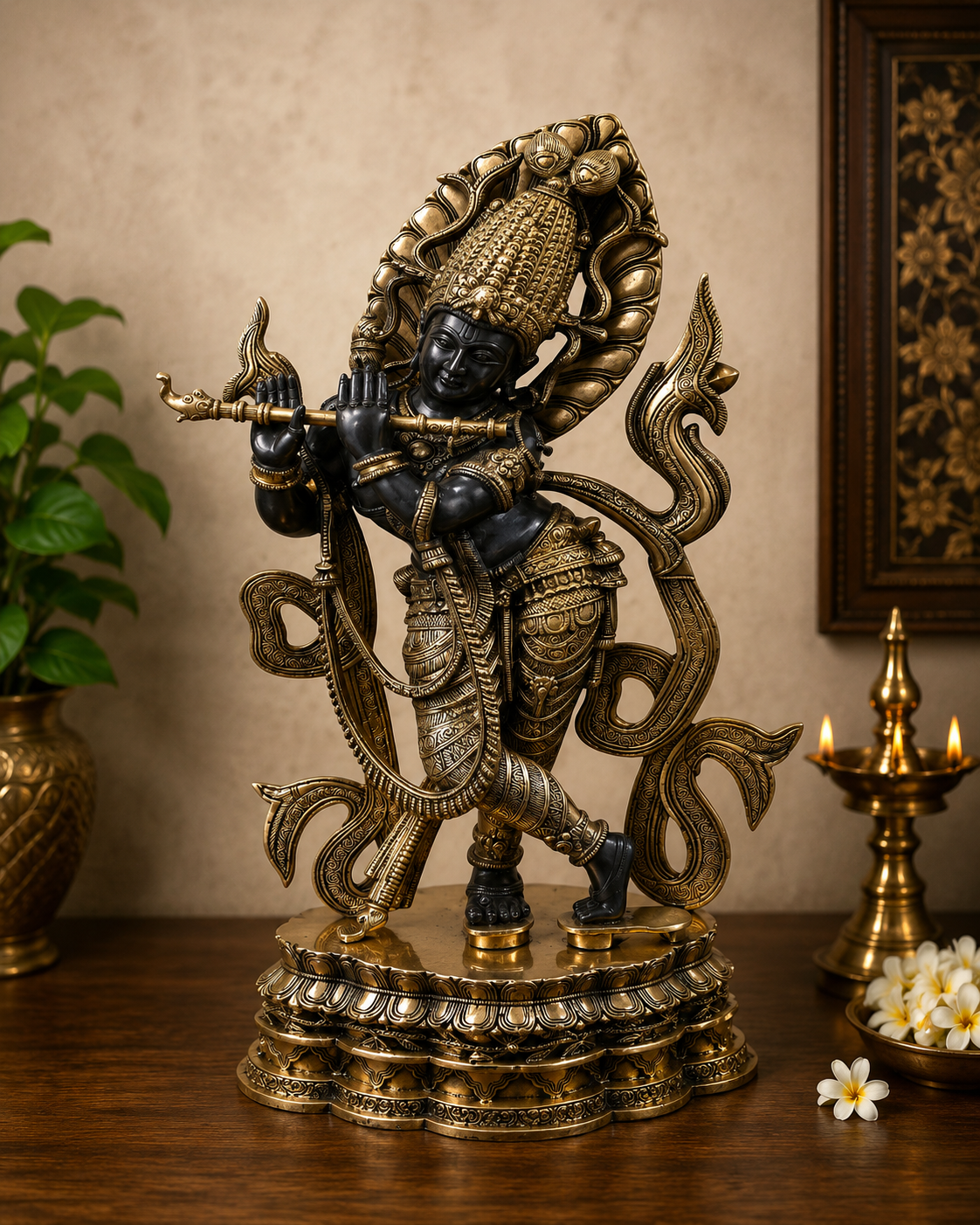 Brassaura® Lord Krishna Playing Flute Idol with Golden & Black Patina Finish | Pure Superfine Brass Handcrafted Murti | Brass Statue for Home Temple, Pooja Room, Spiritual Décor & Luxury Gifting | Height 36 Inches | Weight 30 Kg