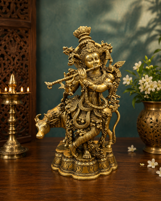 Brassaura® Lord Krishna Playing Flute with Cow Idol with Antique Finish | Pure Superfine Brass Handcrafted Murti | Brass Statue for Home Temple, Pooja Room, Spiritual Décor & Luxury Gifting | Height 26 Inches | Weight 22 Kg