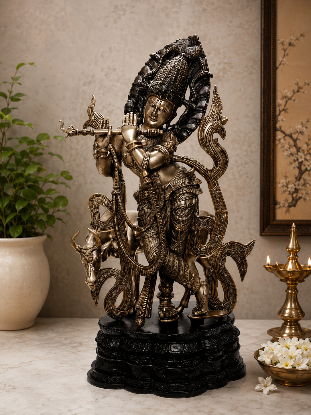 Brassaura® Lord Krishna Playing Flute with Cow Idol with Golden & Black Patina Finish | Pure Superfine Brass Handcrafted Murti | Brass Statue for Home Temple, Pooja Room, Spiritual Décor & Luxury Gifting | Height 35 Inches | Weight 36 Kg