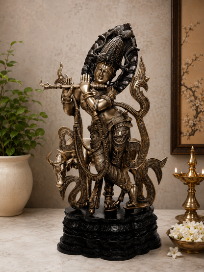 Brassaura® Lord Krishna Playing Flute with Cow Idol with Golden & Black Patina Finish | Pure Superfine Brass Handcrafted Murti | Brass Statue for Home Temple, Pooja Room, Spiritual Décor & Luxury Gifting | Height 35 Inches | Weight 36 Kg