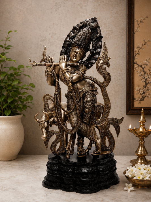 Brassaura® Lord Krishna Playing Flute with Cow Idol with Golden & Black Patina Finish | Pure Superfine Brass Handcrafted Murti | Brass Statue for Home Temple, Pooja Room, Spiritual Décor & Luxury Gifting | Height 35 Inches | Weight 36 Kg