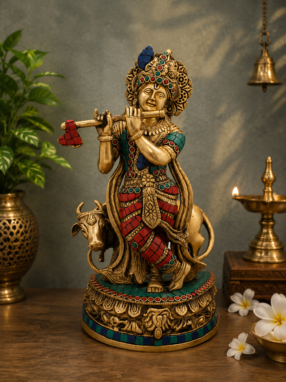 Brassaura® Lord Krishna Playing Flute with Cow Idol with Multi-Color Finish | Pure Superfine Brass Handcrafted Murti | Brass Statue for Home Temple, Pooja Room, Spiritual Décor & Luxury Gifting | Height 13 Inches | Weight 4.5 Kg