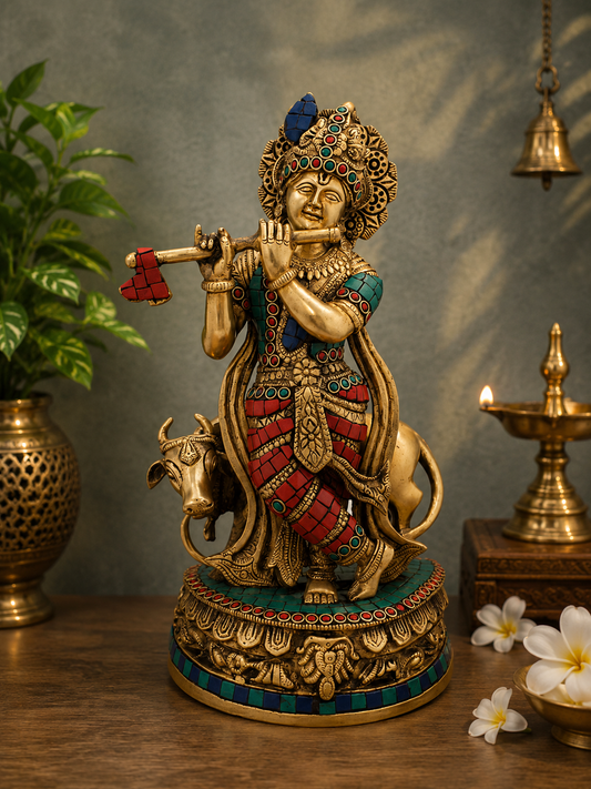 Brassaura® Lord Krishna Playing Flute with Cow Idol with Multi-Color Finish | Pure Superfine Brass Handcrafted Murti | Brass Statue for Home Temple, Pooja Room, Spiritual Décor & Luxury Gifting | Height 13 Inches | Weight 4.5 Kg