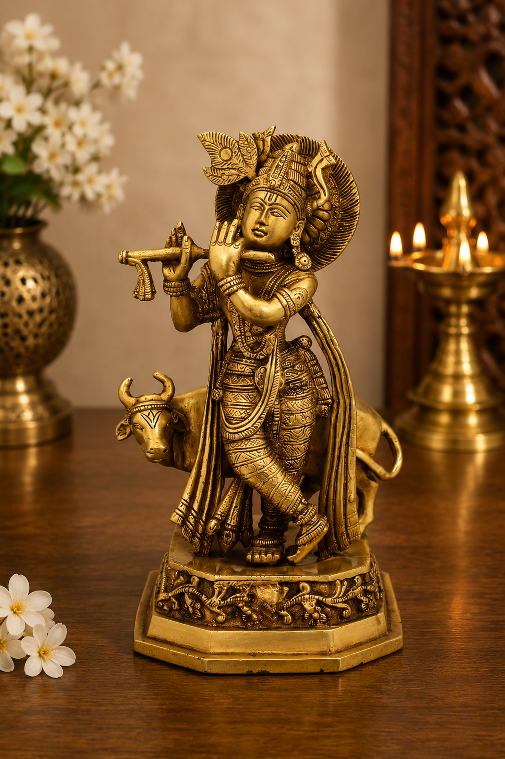 Brassaura® Lord Krishna Playing Flute with Cow Idol with Antique Finish | Pure Superfine Brass Handcrafted Murti | Brass Statue for Home Temple, Pooja Room, Spiritual Décor & Luxury Gifting | Height 10 Inches | Weight 2.6 Kg