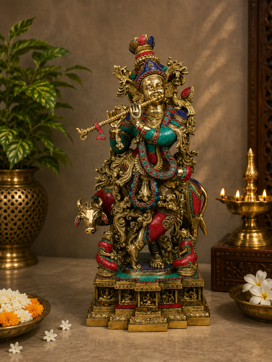 Brassaura® Lord Krishna Playing Flute with Cow Idol with Multi-Color Finish | Pure Superfine Brass Handcrafted Murti | Brass Statue for Home Temple, Pooja Room, Spiritual Décor & Luxury Gifting | Height 28 Inches | Weight 36.5 Kg