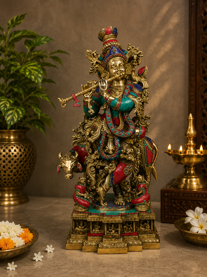 Brassaura® Lord Krishna Playing Flute with Cow Idol with Multi-Color Finish | Pure Superfine Brass Handcrafted Murti | Brass Statue for Home Temple, Pooja Room, Spiritual Décor & Luxury Gifting | Height 28 Inches | Weight 36.5 Kg