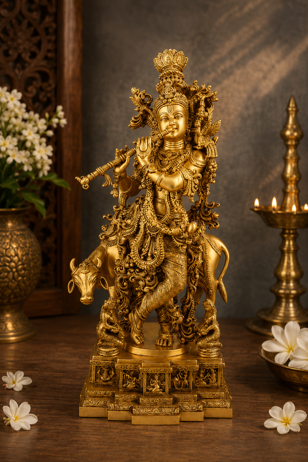 पीतल की शाही सुनहरी गाय और कृष्ण बांसुरी बजाते हुए, वज़न 36.5 किलोग्राम और ऊंचाई 28 इंच